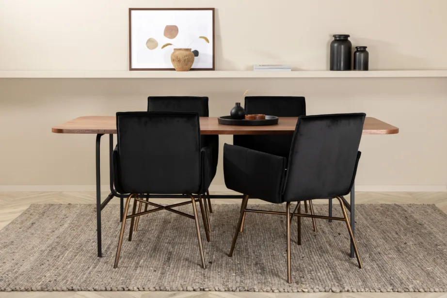 Uno ristkülikukujuline söögilaud pähklispooniga ja mustad velvetist Petra toolid, GR22149 – 5
