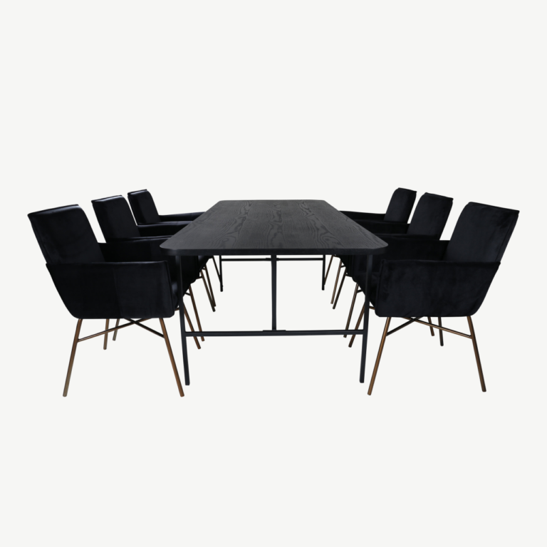 Uno söögilaud (MDF, musta viimistlusega, 200x90cm) ja 6 Petra sametist tooli - GR22161