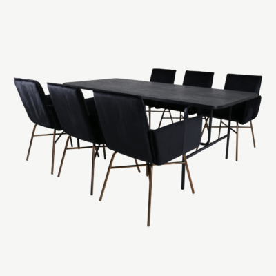 Uno söögilaud (MDF, musta viimistlusega, 200x90cm) ja 6 Petra sametist tooli - GR22161