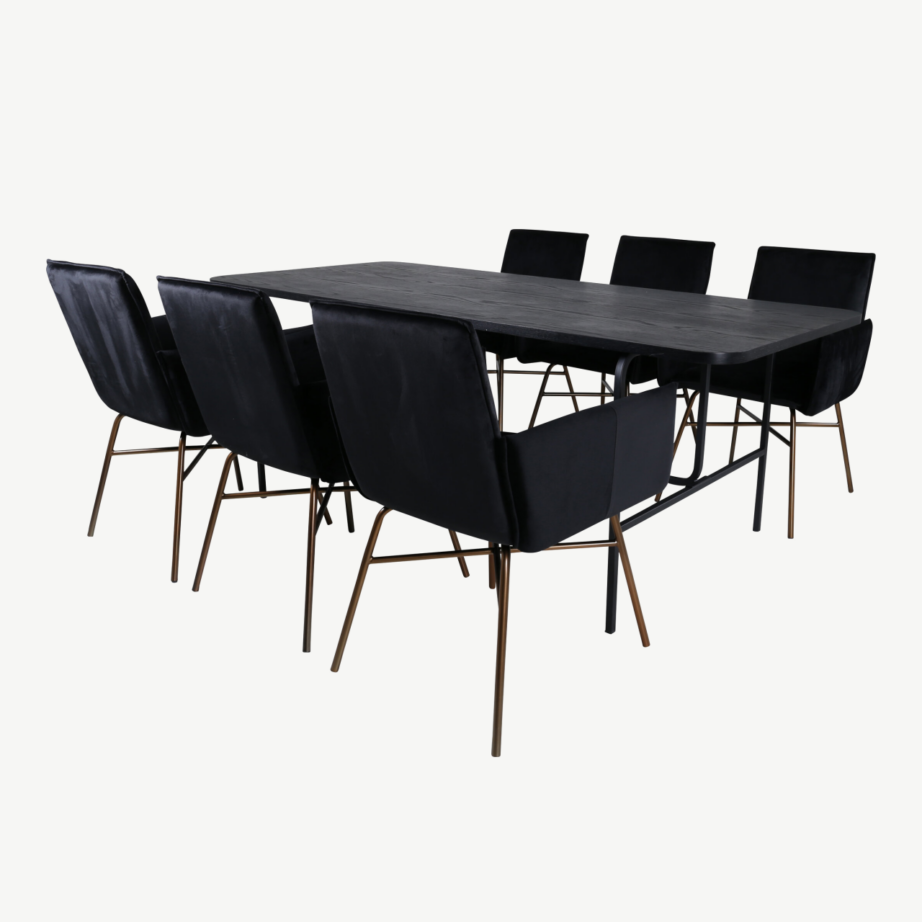 Uno söögilaud (MDF, musta viimistlusega, 200x90cm) ja 6 Petra sametist tooli, GR22161