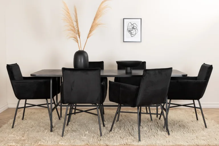 Uno söögilaud (MDF, musta viimistlusega, 200x90cm) ja 6 Petra sametist tooli - GR22161