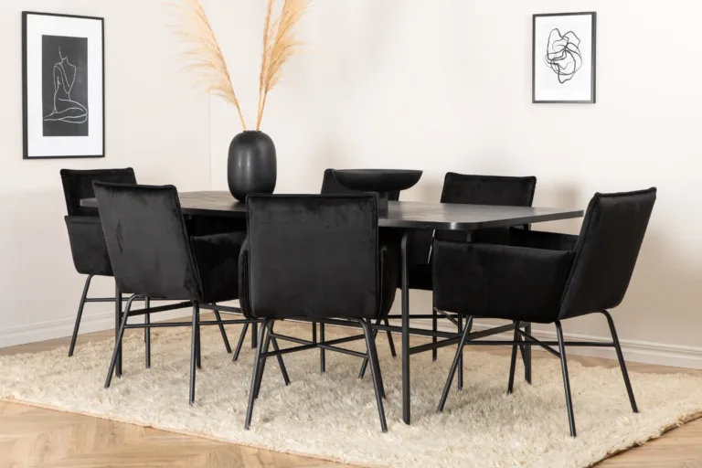 Uno söögilaud (MDF, musta viimistlusega, 200x90cm) ja 6 Petra sametist tooli - GR22161