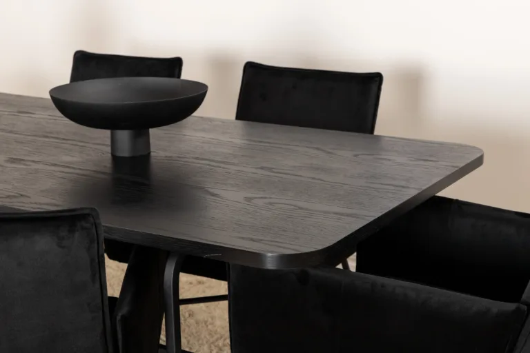 Uno söögilaud (MDF, musta viimistlusega, 200x90cm) ja 6 Petra sametist tooli - GR22161