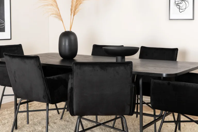 Uno söögilaud (MDF, musta viimistlusega, 200x90cm) ja 6 Petra sametist tooli - GR22161