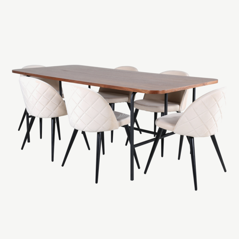 Uno söögilaud (pähklispoon, 200x90cm) ja beežid velvetpolstriga toolid, must metall - GR22405