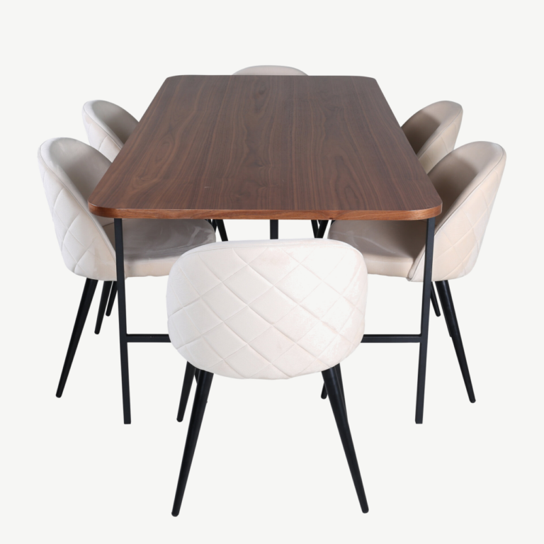 Uno söögilaud (pähklispoon, 200x90cm) ja beežid velvetpolstriga toolid, must metall - GR22405