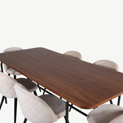 Uno söögilaud (pähklispoon, 200x90cm) ja beežid velvetpolstriga toolid, must metall - GR22405