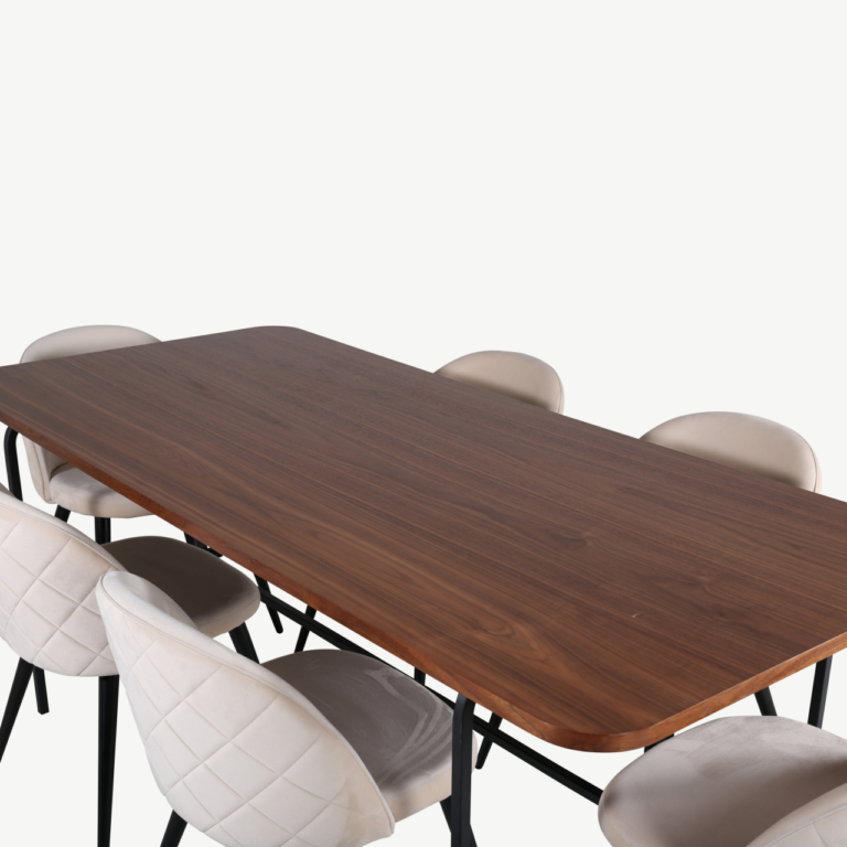 Uno söögilaud (pähklispoon, 200x90cm) ja beežid velvetpolstriga toolid, must metall - GR22405
