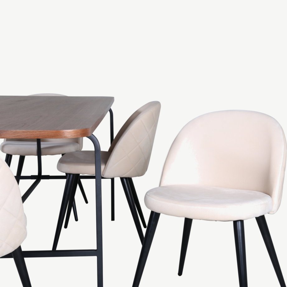 Uno söögilaud (pähklispoon, 200x90cm) ja beežid velvetpolstriga toolid, must metall, GR22405 – 4