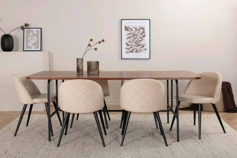 Uno söögilaud (pähklispoon, 200x90cm) ja beežid velvetpolstriga toolid, must metall - GR22405