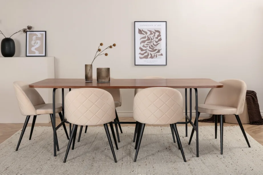 Uno söögilaud (pähklispoon, 200x90cm) ja beežid velvetpolstriga toolid, must metall, GR22405 – 5