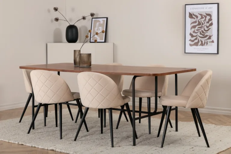 Uno söögilaud (pähklispoon, 200x90cm) ja beežid velvetpolstriga toolid, must metall - GR22405