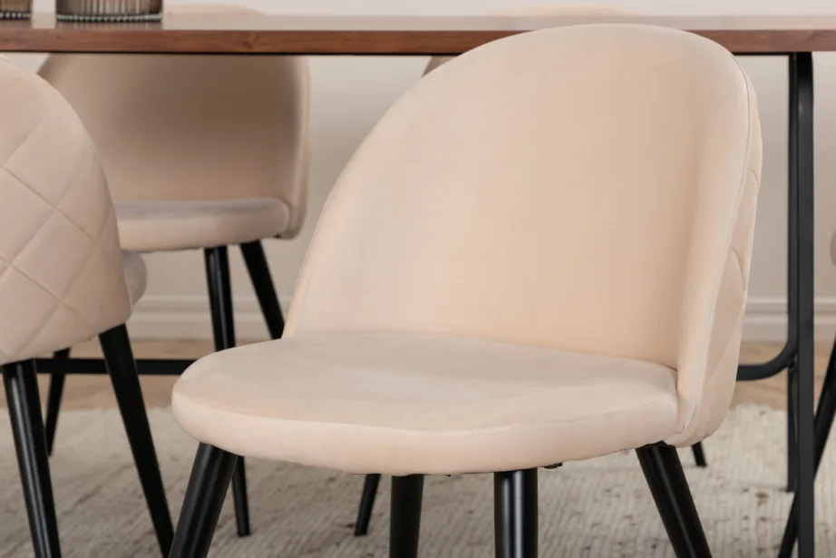 Uno söögilaud (pähklispoon, 200x90cm) ja beežid velvetpolstriga toolid, must metall, GR22405 – 8