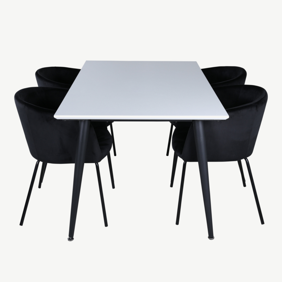 Valge HPL lauaplaadiga laiendatav söögilaud Jimmy ja mustad sametkattega Berit toolid, GR22307 – 2