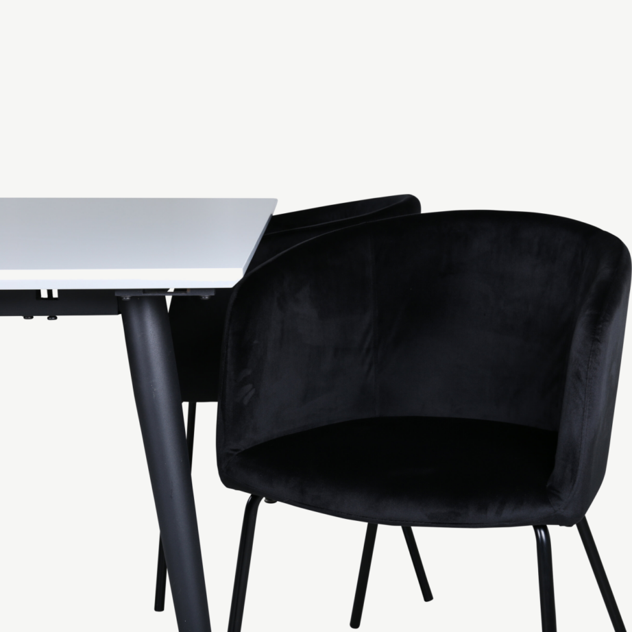 Valge HPL lauaplaadiga laiendatav söögilaud Jimmy ja mustad sametkattega Berit toolid, GR22307 – 4