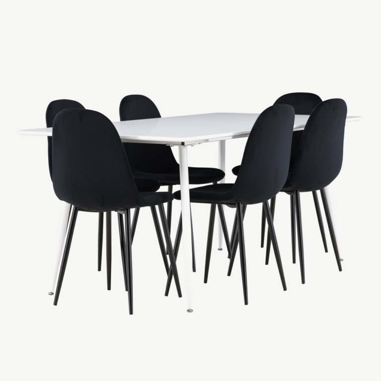 Valge MDF söögilaud Silar ja 6 musta sametist tooli Polar komplekt - GR24498