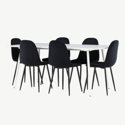 Valge MDF söögilaud Silar ja 6 musta sametist tooli Polar komplekt - GR24498