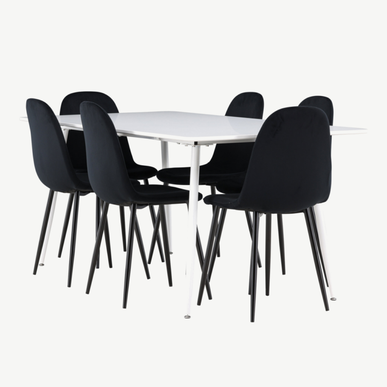 Valge MDF söögilaud Silar ja 6 musta sametist tooli Polar komplekt - GR24498