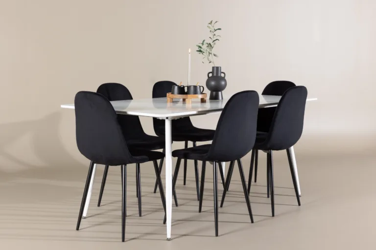 Valge MDF söögilaud Silar ja 6 musta sametist tooli Polar komplekt - GR24498