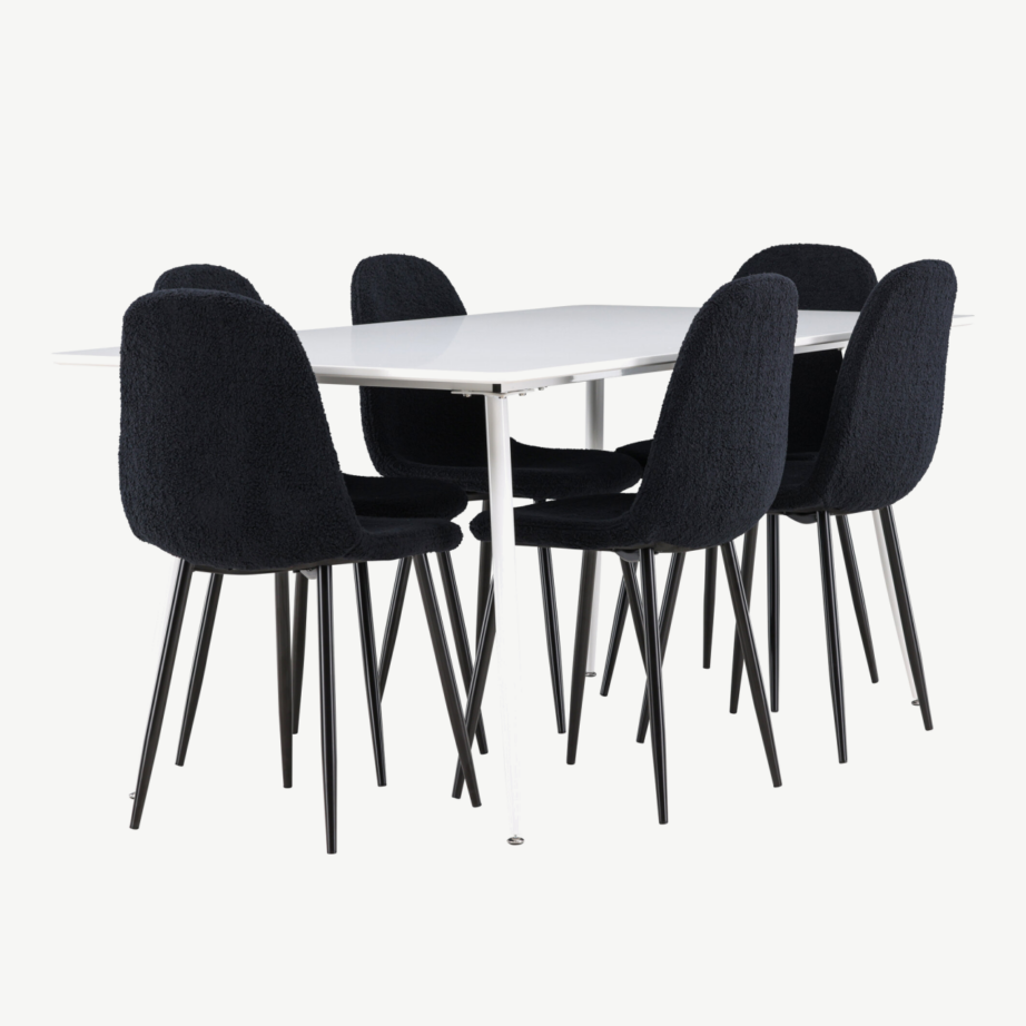 Valge Silar söögilaud ja 6 musta Polar buklee tooli komplekt, GR24494 – 3