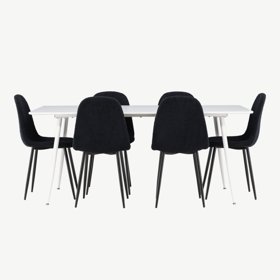 Valge Silar söögilaud ja 6 musta Polar buklee tooli komplekt, GR24494 – 5