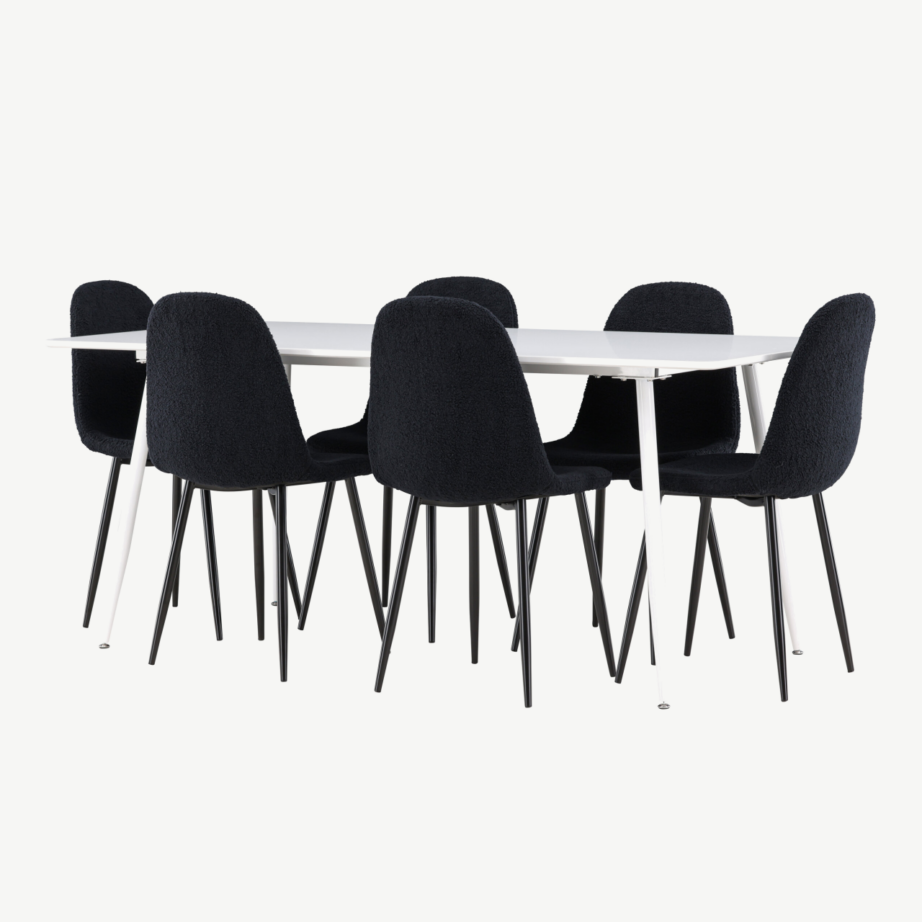 Valge Silar söögilaud ja 6 musta Polar buklee tooli komplekt, GR24494