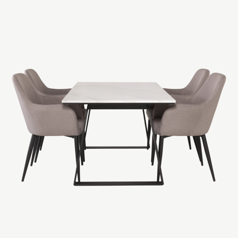 Valge marmorist söögilaud Estelle musta raamiga ja hallid Comfort toolid - GR24017