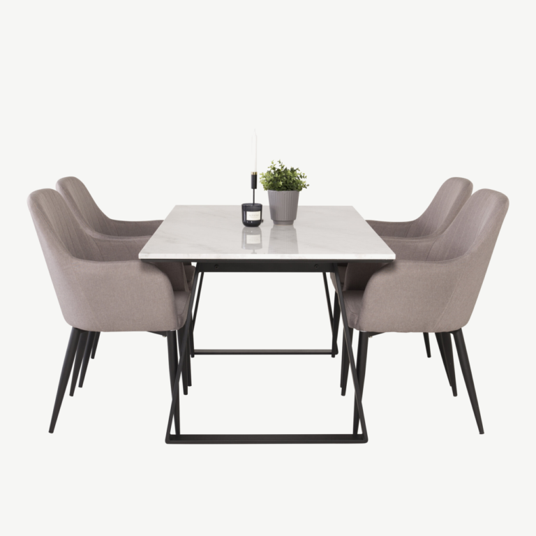 Valge marmorist söögilaud Estelle musta raamiga ja hallid Comfort toolid - GR24017