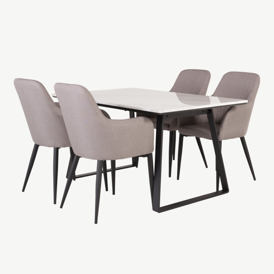 Valge marmorist söögilaud Estelle musta raamiga ja hallid Comfort toolid, GR24017