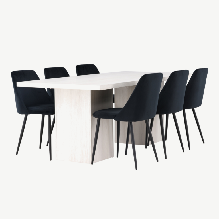 Valge peitsiga söögilaua komplekt Olga 200x90cm ja mustad sametist Night toolid (6 tk) - GR23716