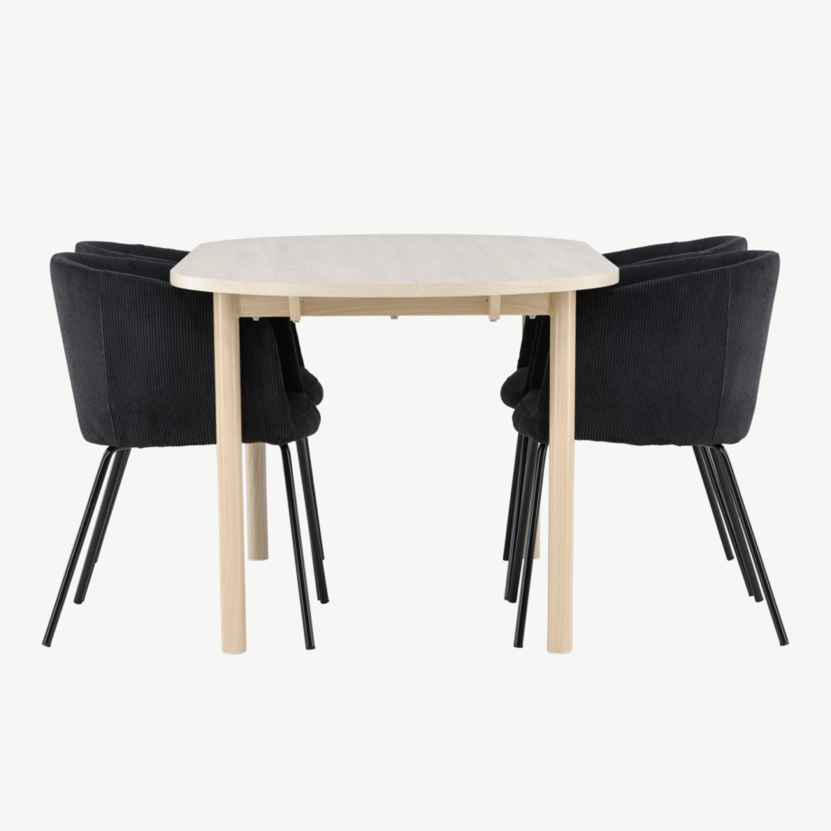 Valge peitsiga söögilaud Andy ja 4 musta kangast söögitooli Berit, GR24486 – 2