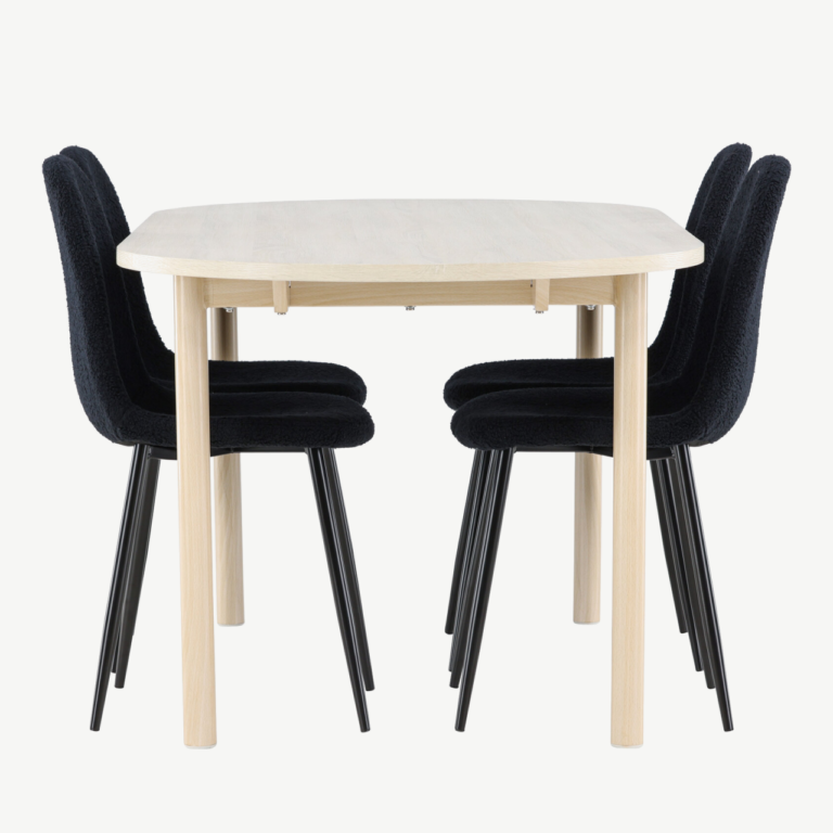 Valge peitsiga söögilaud Andy ja mustad Polar toolid (komplekt, MDF, teras, 180x90 cm) - GR24483