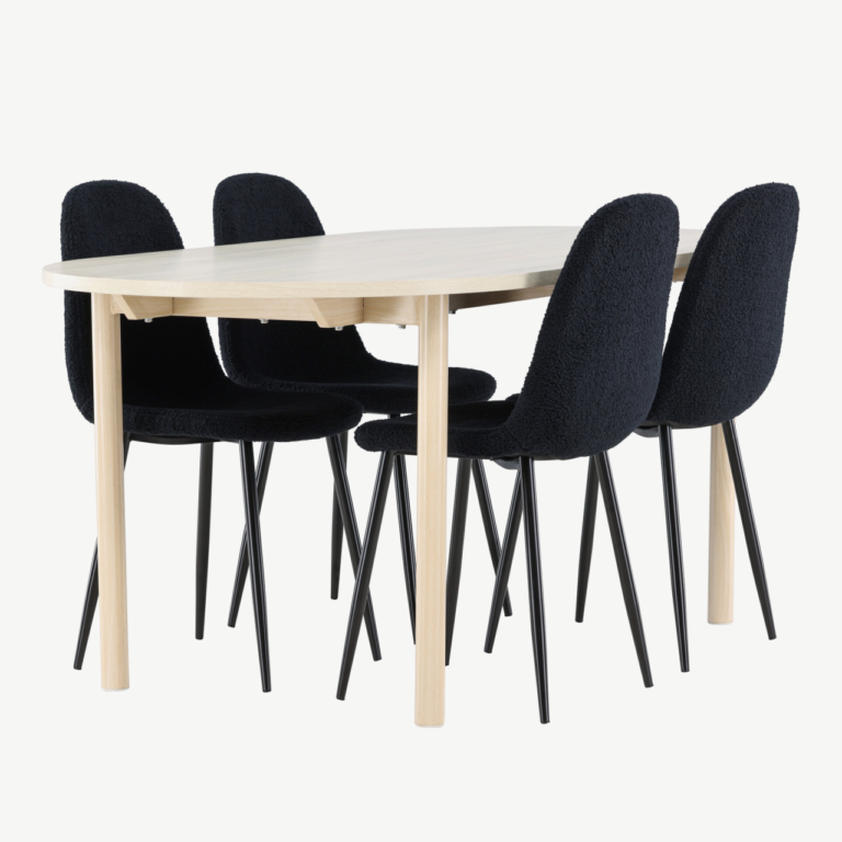 Valge peitsiga söögilaud Andy ja mustad Polar toolid (komplekt, MDF, teras, 180x90 cm) - GR24483