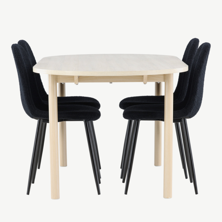 Valge peitsiga söögilaud Andy ja mustad Polar toolid (komplekt, MDF, teras, 180x90 cm) - GR24483