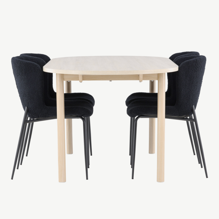 Valge peitsiga söögilaud Andy ja mustad buklee toolid Modesto (komplekt 4 tooliga, 180x90cm) - GR24487