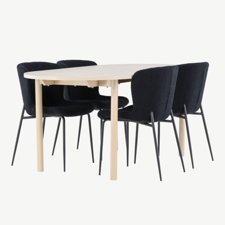 Valge peitsiga söögilaud Andy ja mustad buklee toolid Modesto (komplekt 4 tooliga, 180x90cm) - GR24487