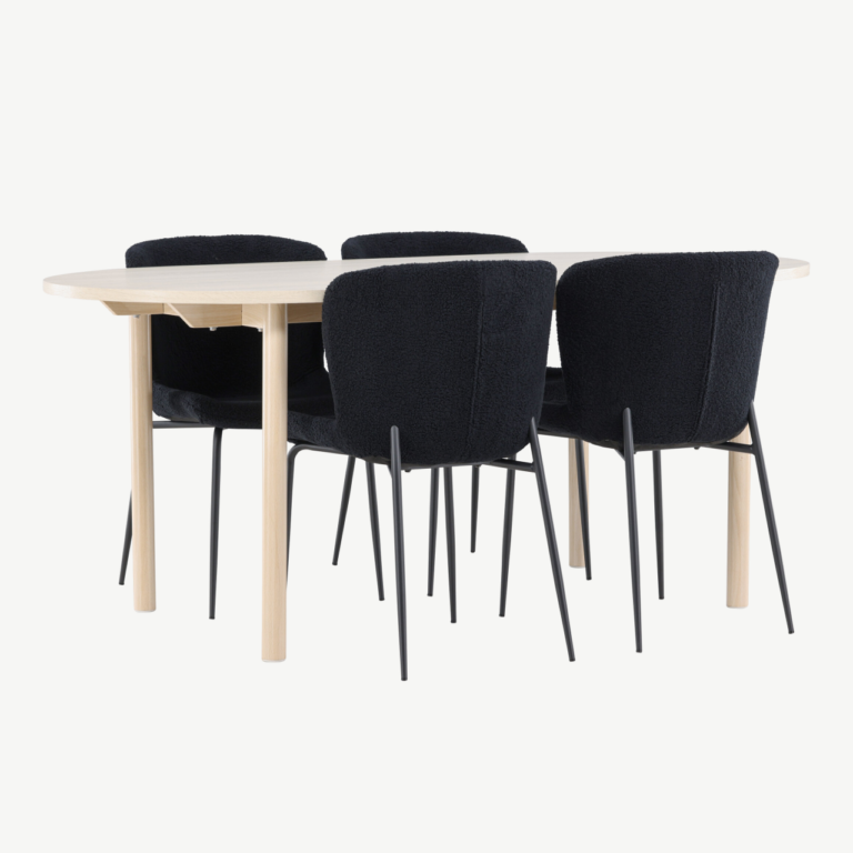 Valge peitsiga söögilaud Andy ja mustad buklee toolid Modesto (komplekt 4 tooliga, 180x90cm) - GR24487
