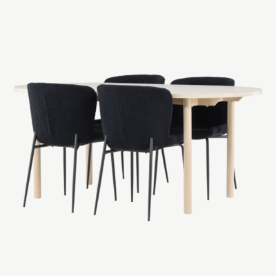 Valge peitsiga söögilaud Andy ja mustad buklee toolid Modesto (komplekt 4 tooliga, 180x90cm) - GR24487