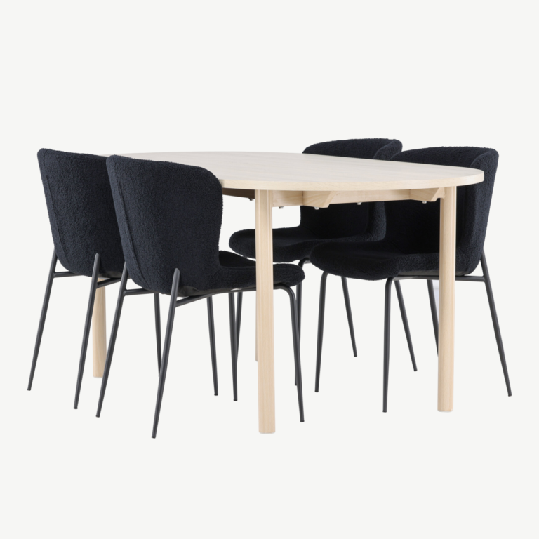 Valge peitsiga söögilaud Andy ja mustad buklee toolid Modesto (komplekt 4 tooliga, 180x90cm) - GR24487