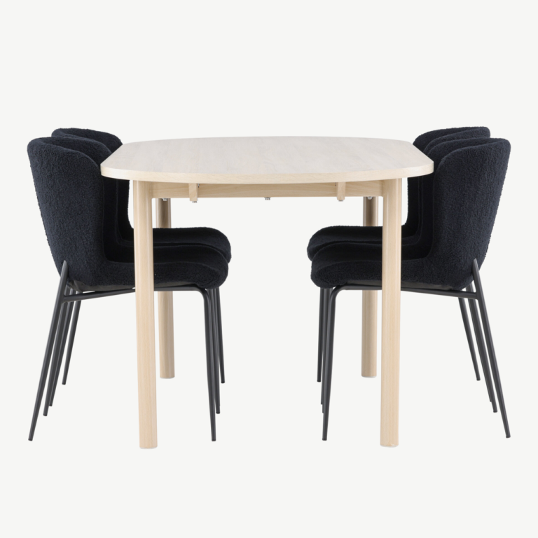Valge peitsiga söögilaud Andy ja mustad buklee toolid Modesto (komplekt 4 tooliga, 180x90cm) - GR24487