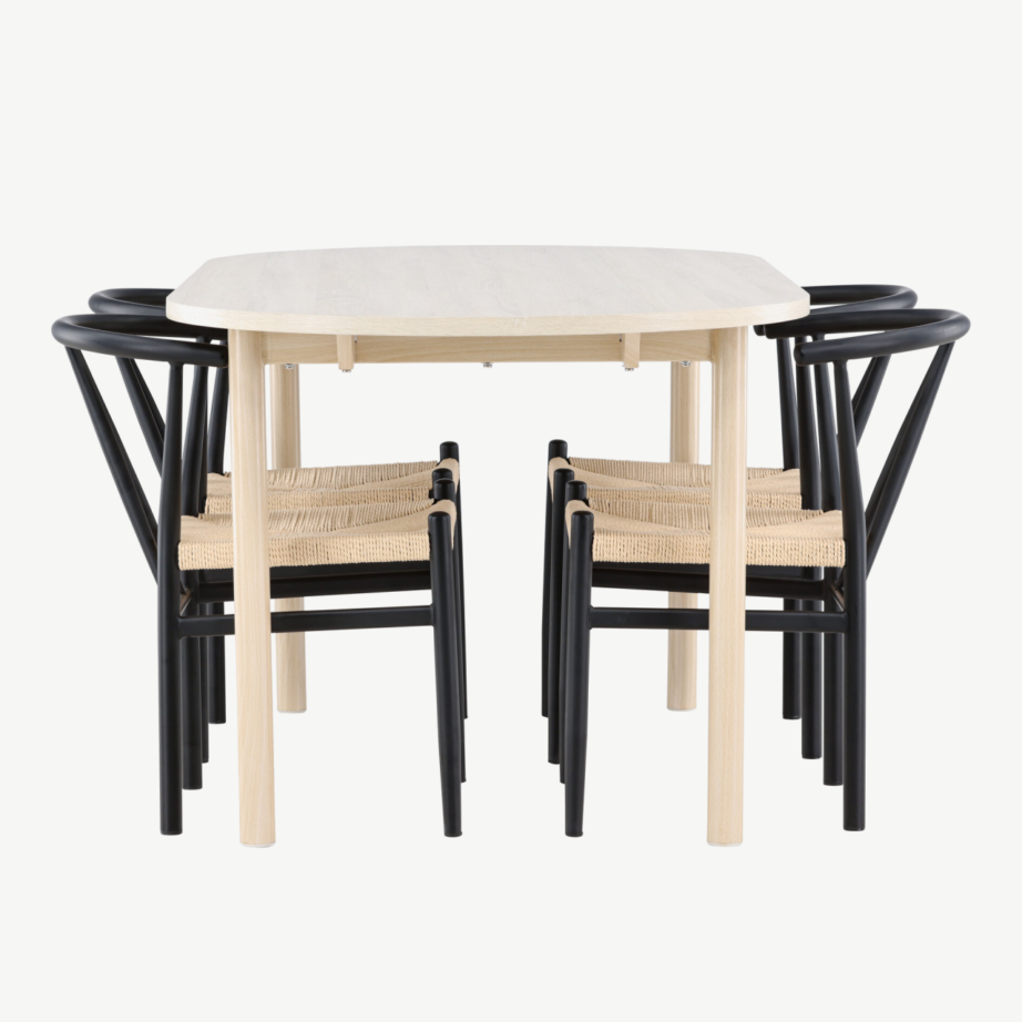 Valge peitsiga söögilaud Andy ja mustad rotangist söögitoolid Alfons (komplekt 1 laud + 4 tooli), GR24485 – 2