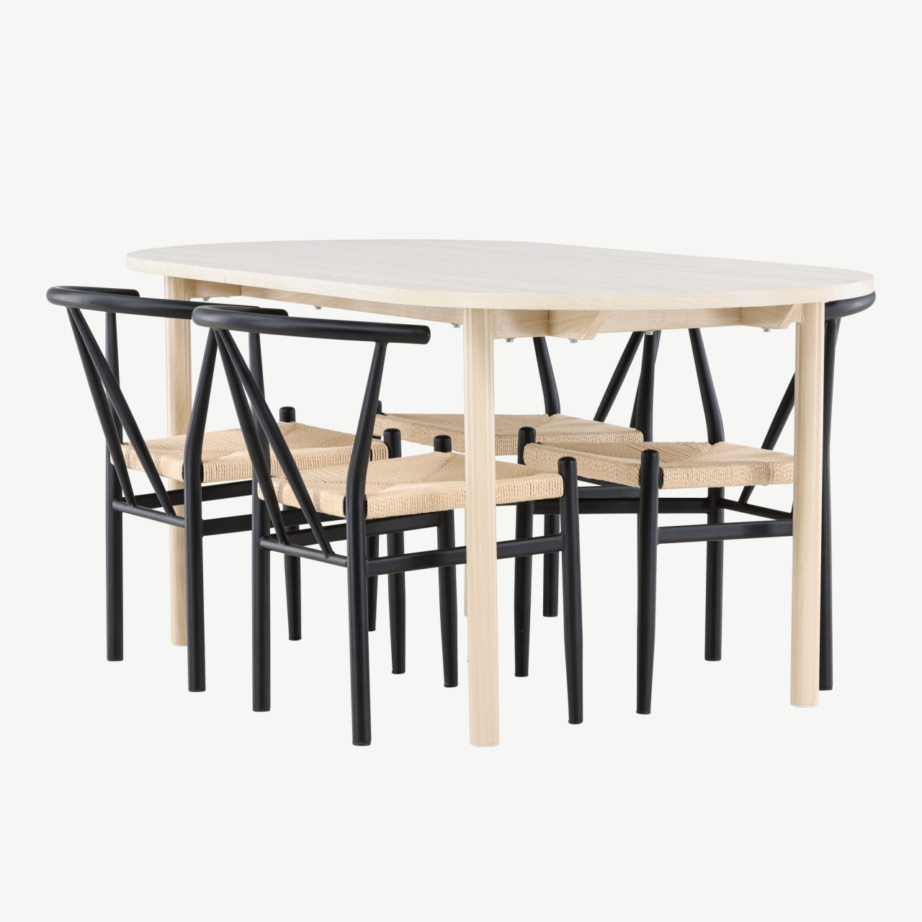 Valge peitsiga söögilaud Andy ja mustad rotangist söögitoolid Alfons (komplekt 1 laud + 4 tooli), GR24485 – 6