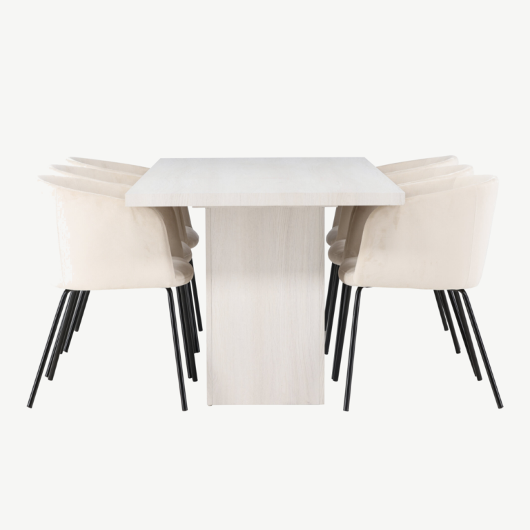 Valge peitsiga söögilaud Olga ja beežid velvetist söögitoolid Berit (6 tk), MDF - GR23722