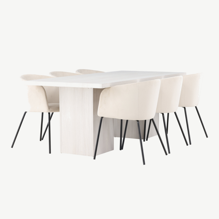 Valge peitsiga söögilaud Olga ja beežid velvetist söögitoolid Berit (6 tk), MDF - GR23722