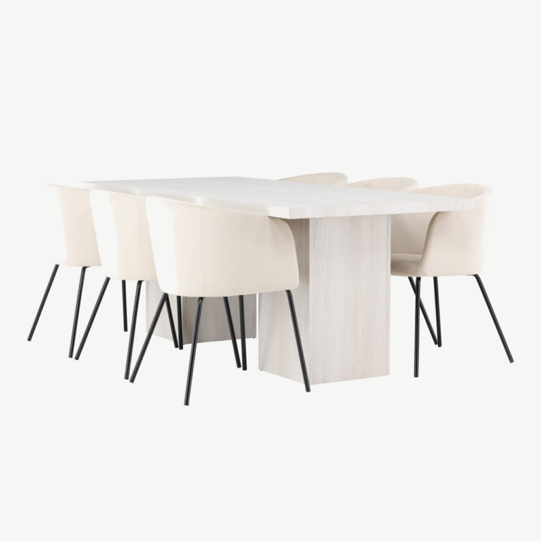 Valge peitsiga söögilaud Olga ja beežid velvetist söögitoolid Berit (6 tk), MDF - GR23722