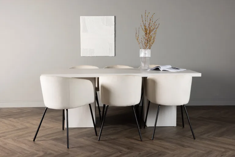 Valge peitsiga söögilaud Olga ja beežid velvetist söögitoolid Berit (6 tk), MDF - GR23722