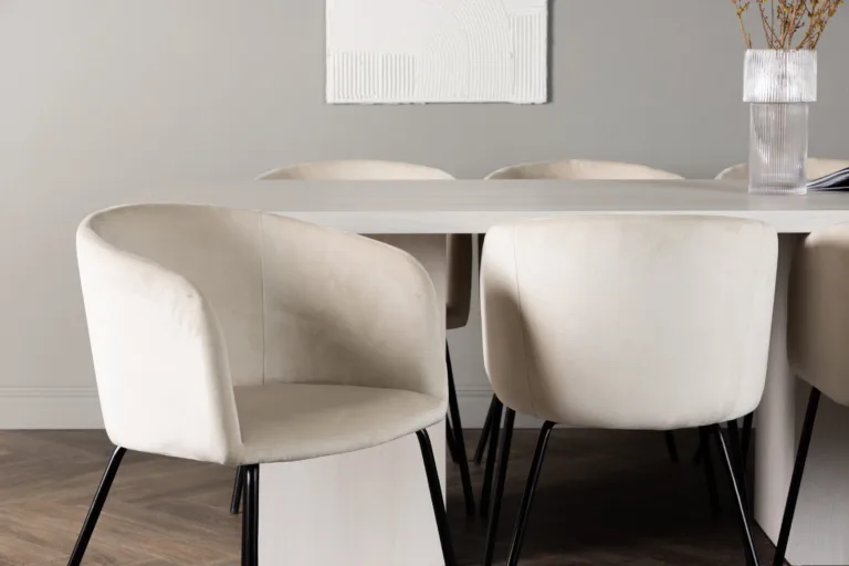 Valge peitsiga söögilaud Olga ja beežid velvetist söögitoolid Berit (6 tk), MDF - GR23722