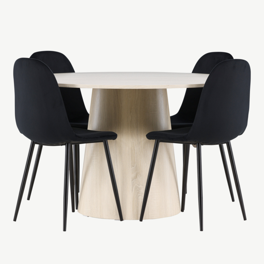 Valge peitsiga ümar söögilaud Lanzo ja mustad sametist toolid Polar (komplekt, ø120 cm), GR24430 – 5