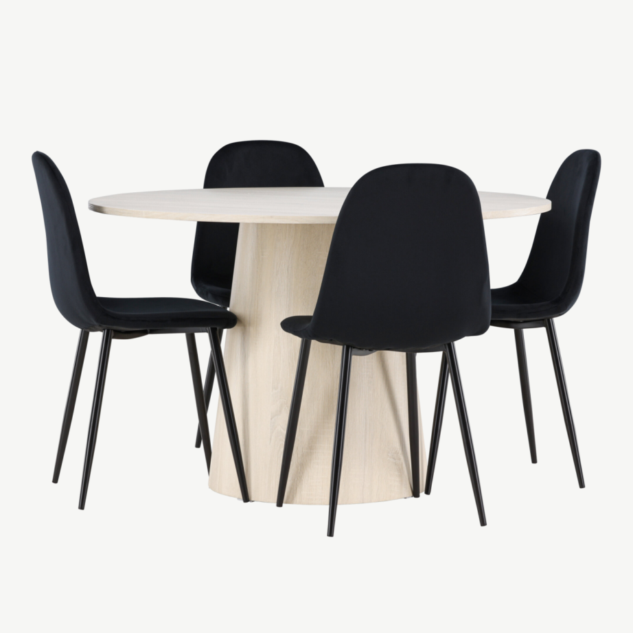 Valge peitsiga ümar söögilaud Lanzo ja mustad sametist toolid Polar (komplekt, ø120 cm), GR24430