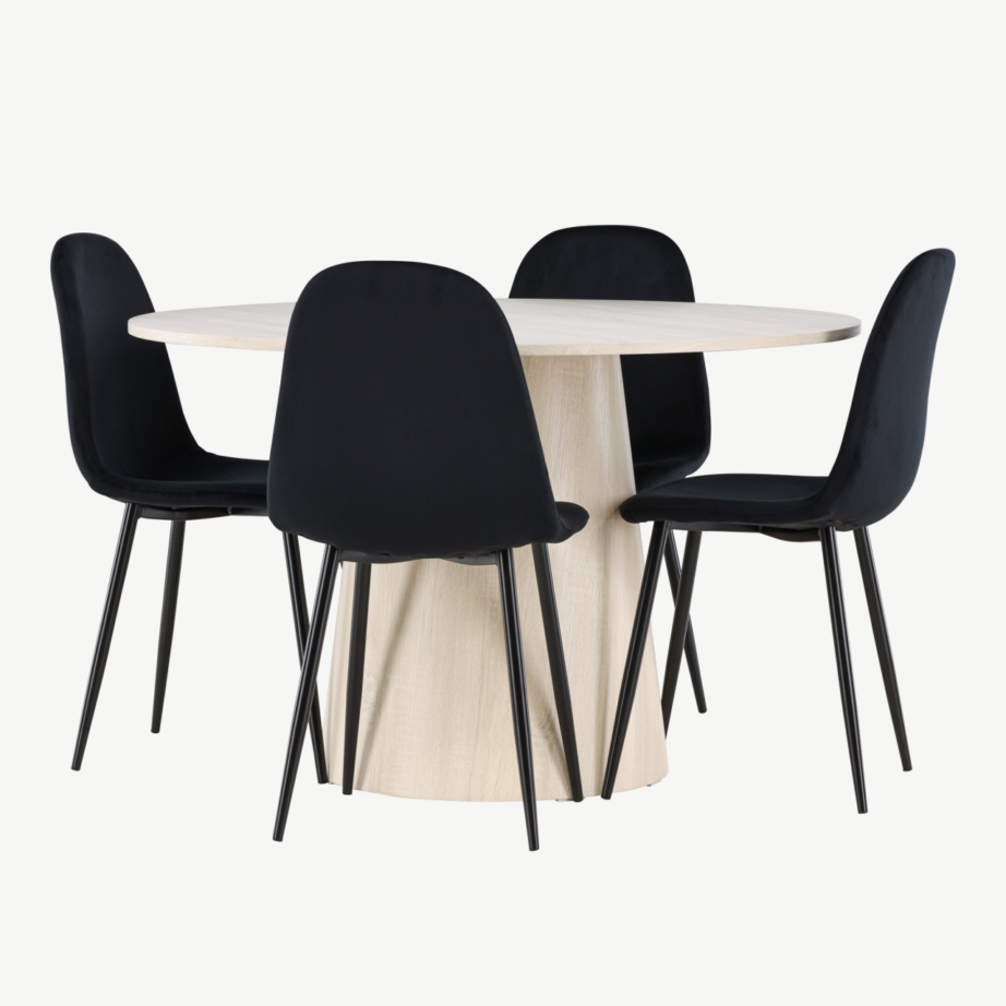 Valge peitsiga ümar söögilaud Lanzo ja mustad sametist toolid Polar (komplekt, ø120 cm), GR24430 – 6